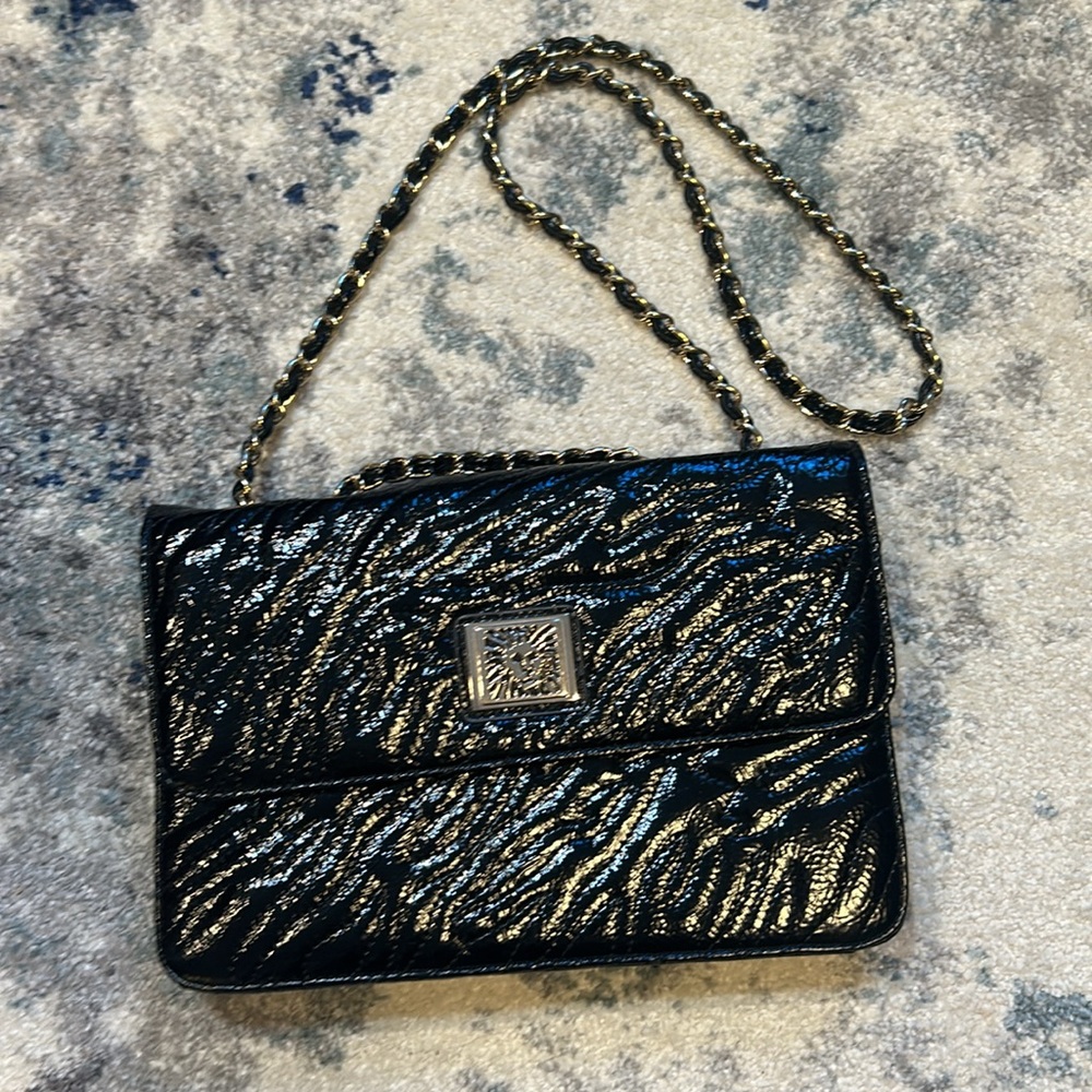 Anne Klein black patent leather woven leather in chain shoulder purse, like new